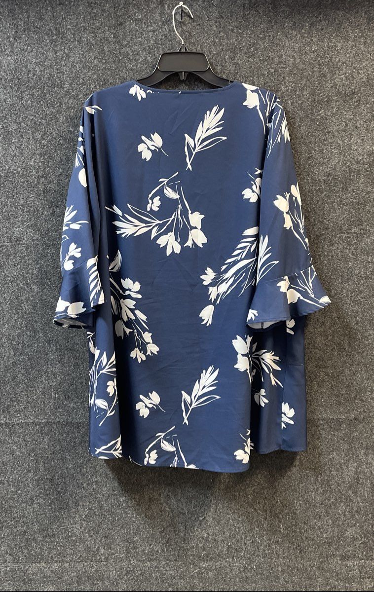 Bloomchic Women's Navy Floral V-Neck Blouse Flounce Sleeve Tulip Hem Sz 18-20