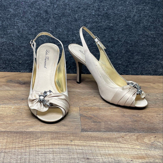 LuLu Townsend Champagne Satin Bejeweled Bow Open Toe Slingback Heels Size 9.5