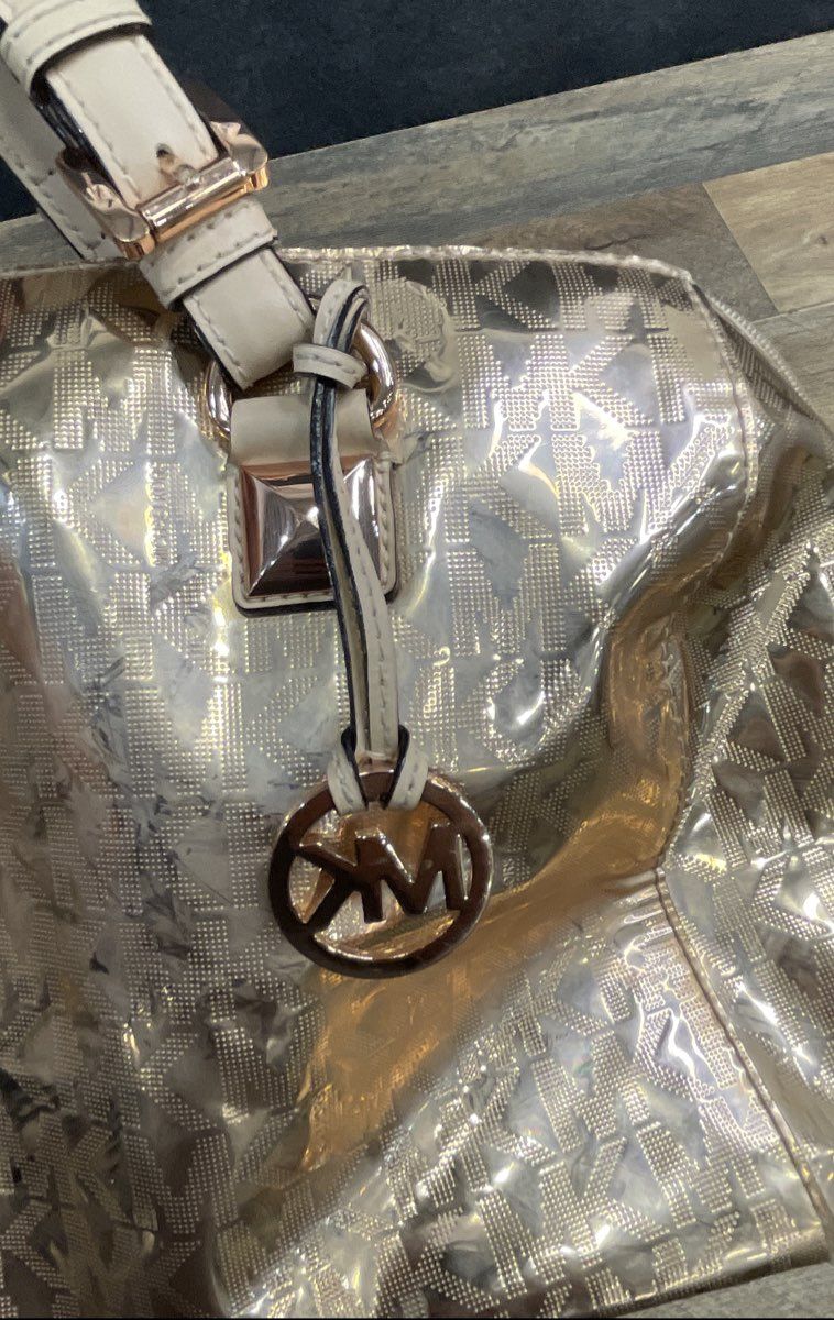 Michael Kors Rose Gold Mirror Monogram Logo Satchel Handbag Rose Gold Hardware