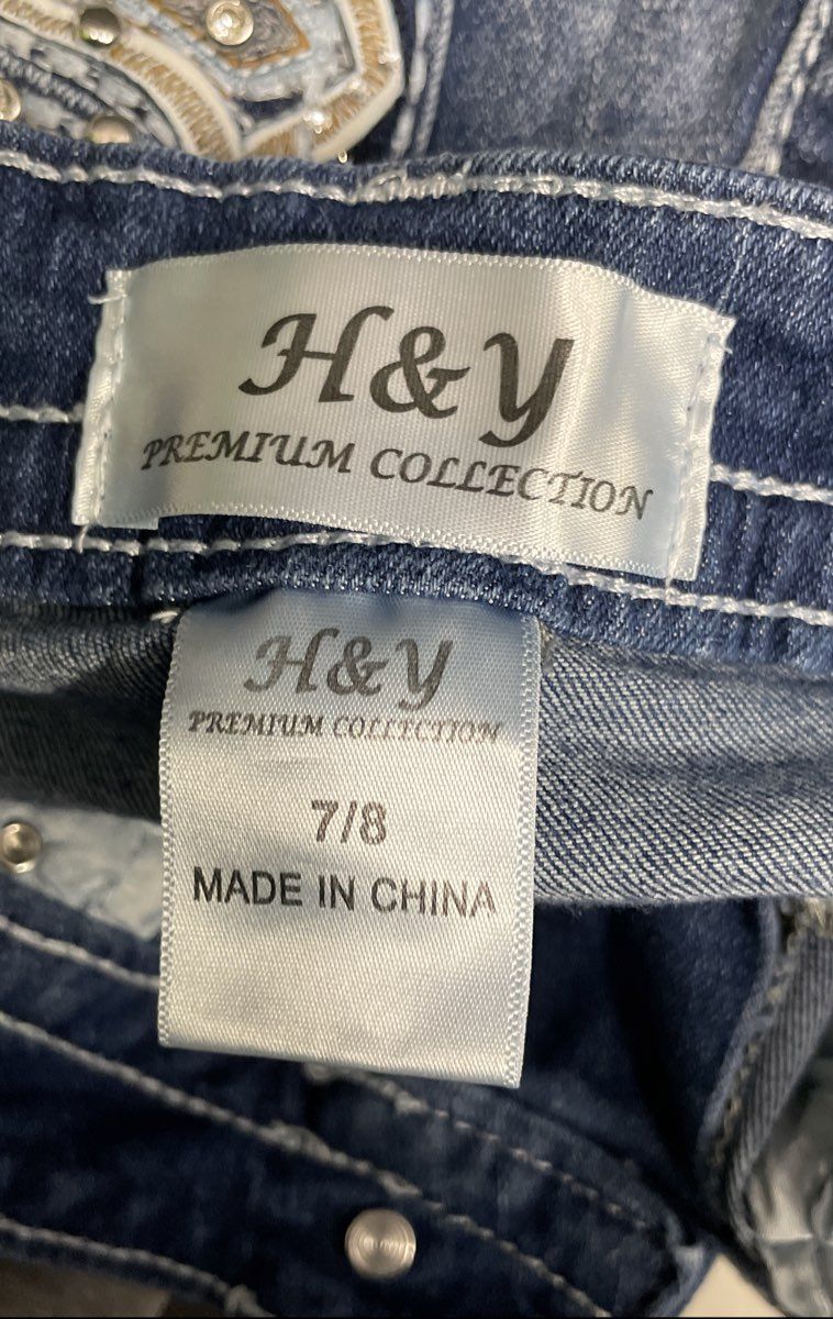 H&Y Women's Blue Embroidered Rhinestone Cross Bootcut Denim Jeans Sz 7/8