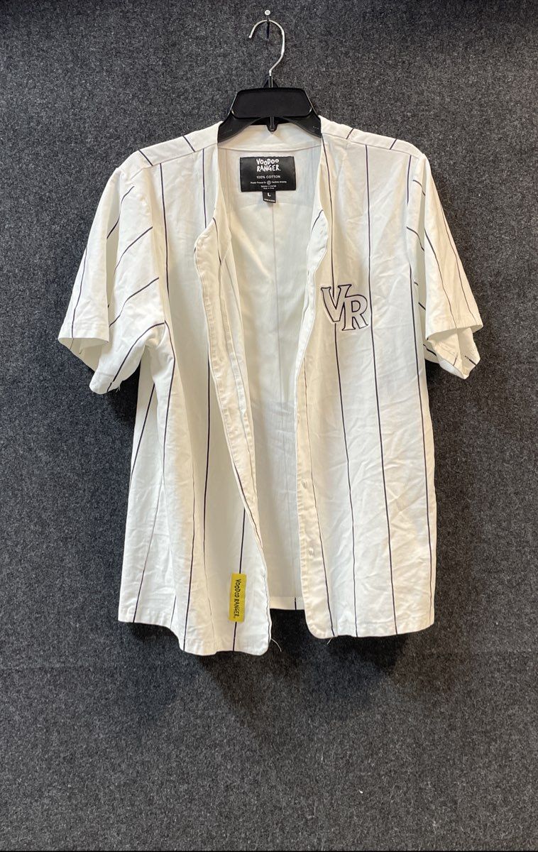 Voodoo Ranger Men's White Pinstripe Cotton Baseball Jersey Shirt Size Large