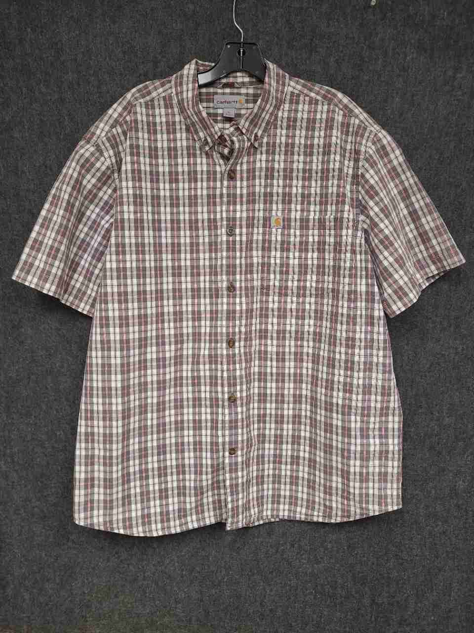 Carhartt Men's Short Sleeve Button Down Shirt Gray Red Plaid Workwear Sz XL