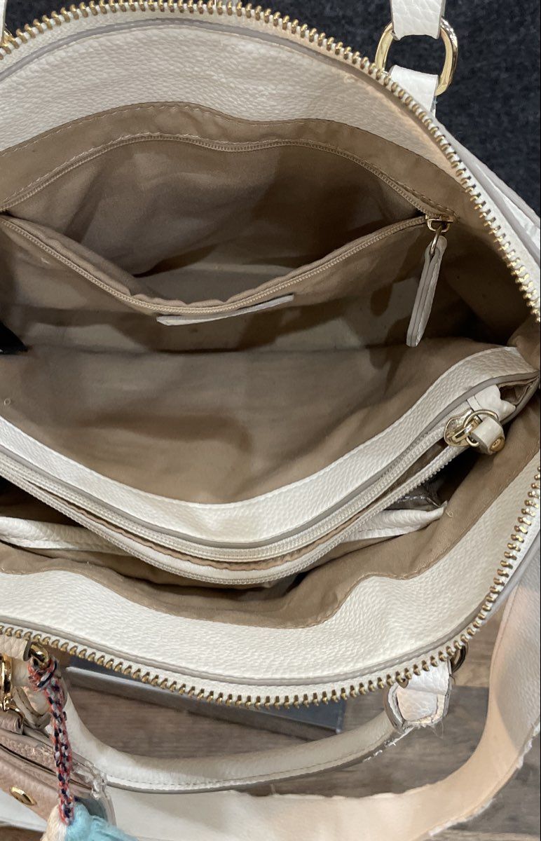 Nanette Lepore White Pebbled Satchel Crossbody Bag Removable Strap Tassel