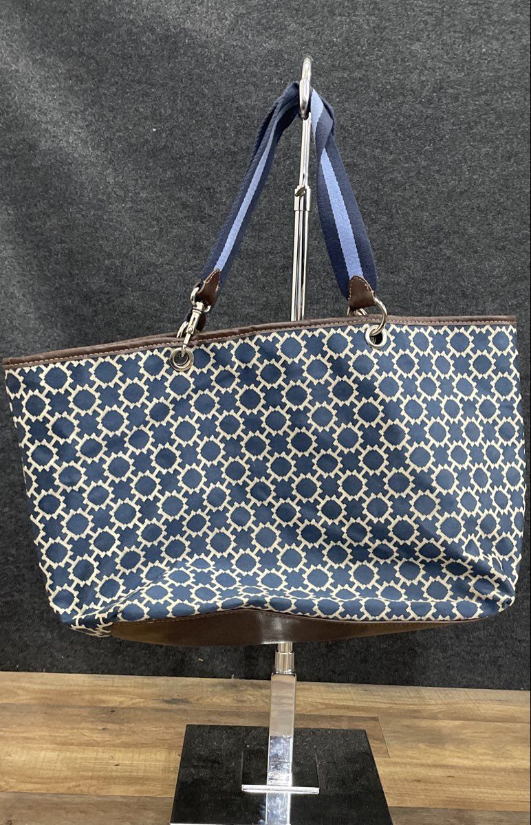 Tommy Hilfiger Navy Blue White Geometric Canvas Tote Bag Striped Straps Large