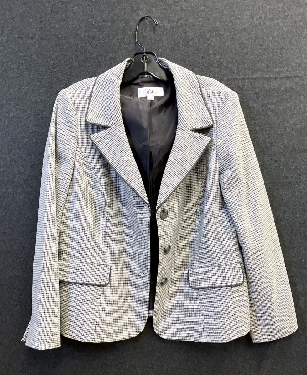 Le Suit Women's Blazer Jacket Black White Houndstooth Piping Trim Sz 14
