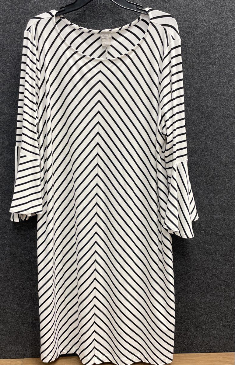 Chico's Women's Black White Striped Chevron Bell Sleeve Dress Size 4 (20/22)