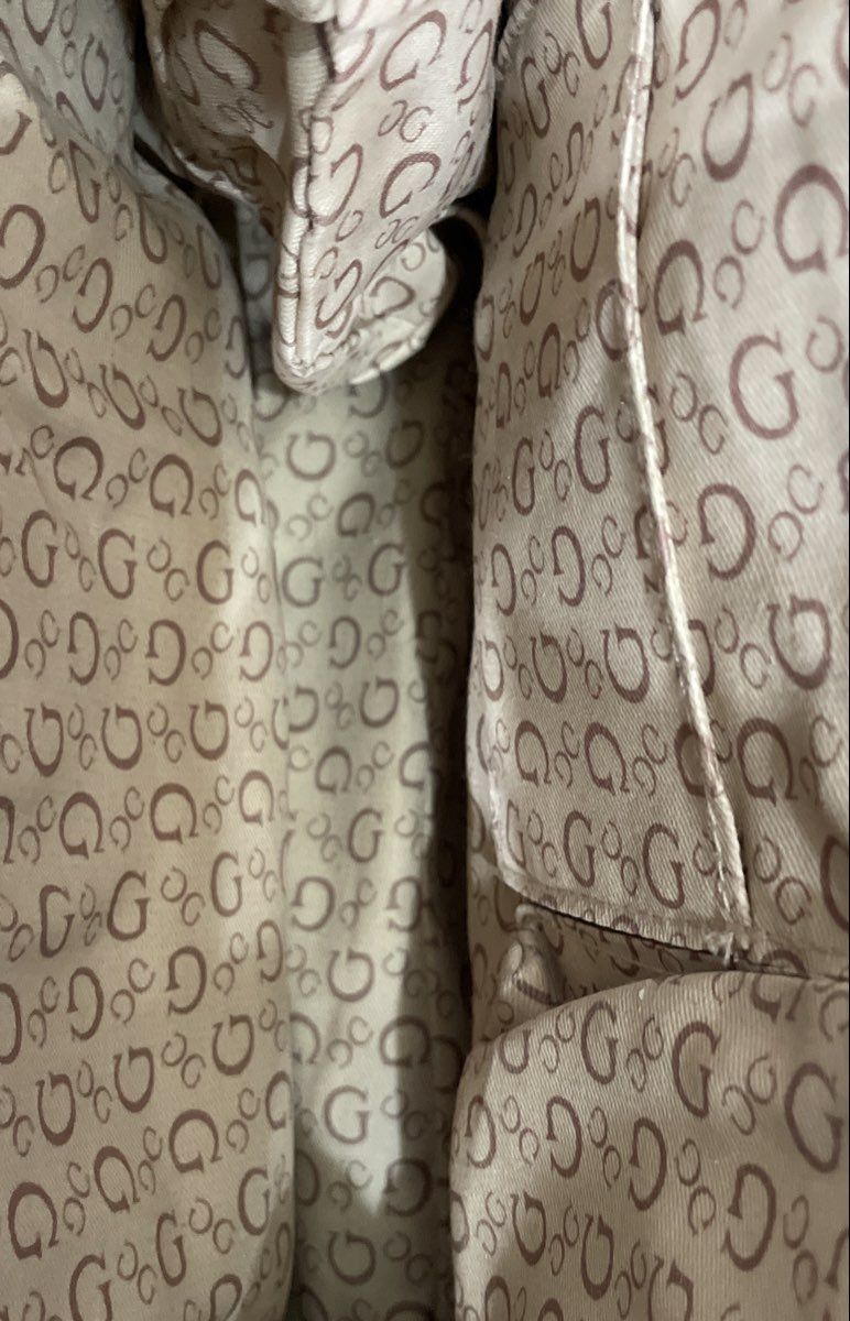 Guess Brown Leather Monogram Satchel Handbag Crossbody Bag Tan Trim