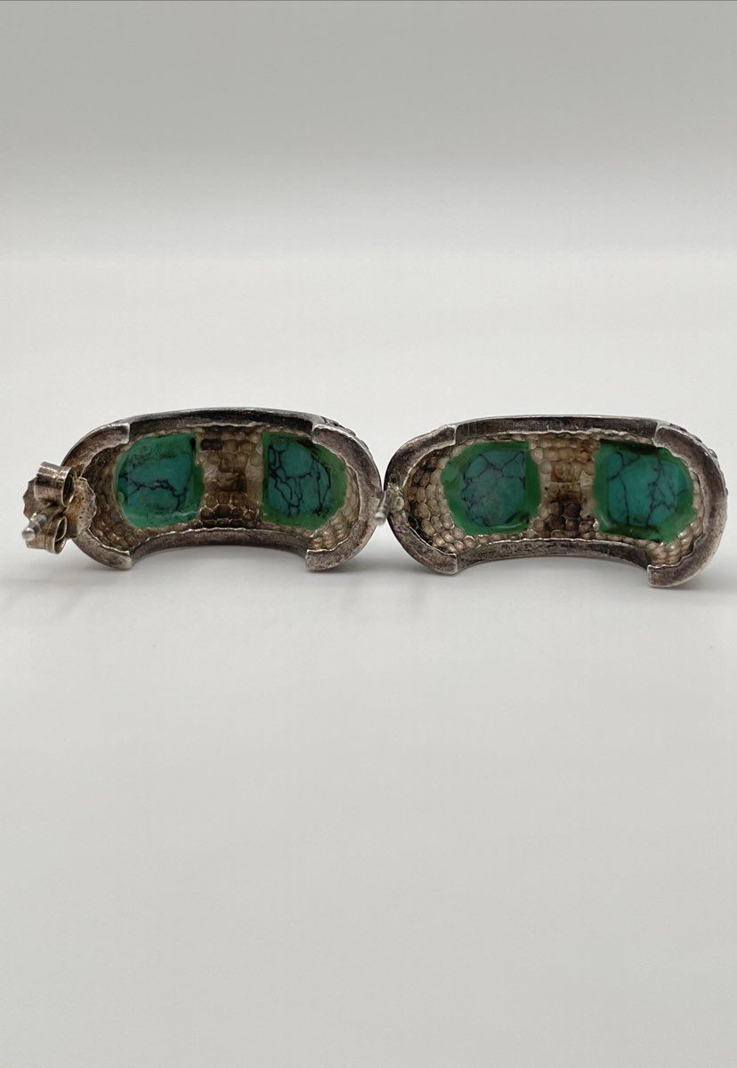 925 Sterling Silver Faux Turquoise Inlay Half-Hoop Earrings 10.5g