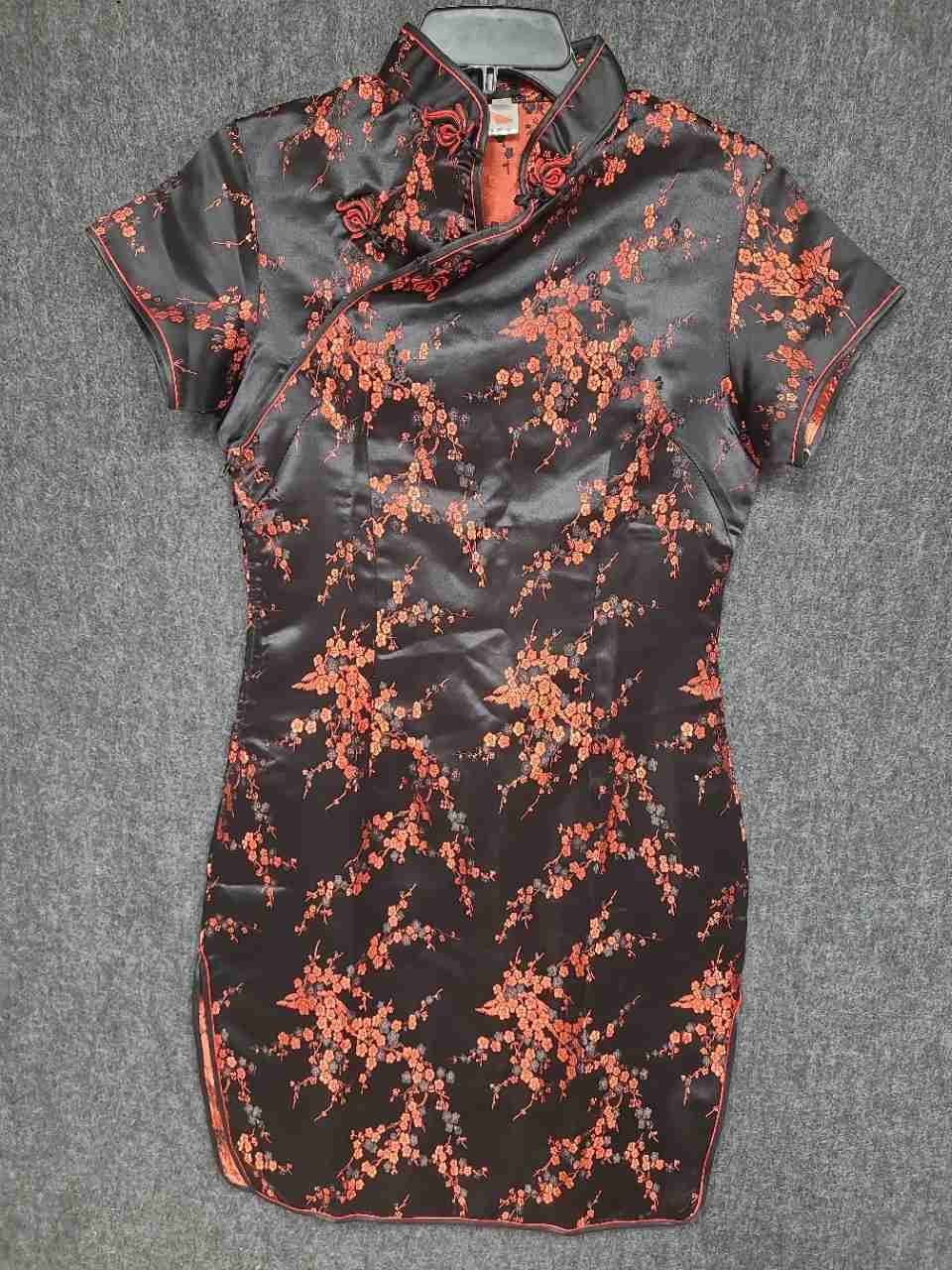 The Lady Women's Black Red Floral Cheongsam Qipao Mini Dress Satin Sz M