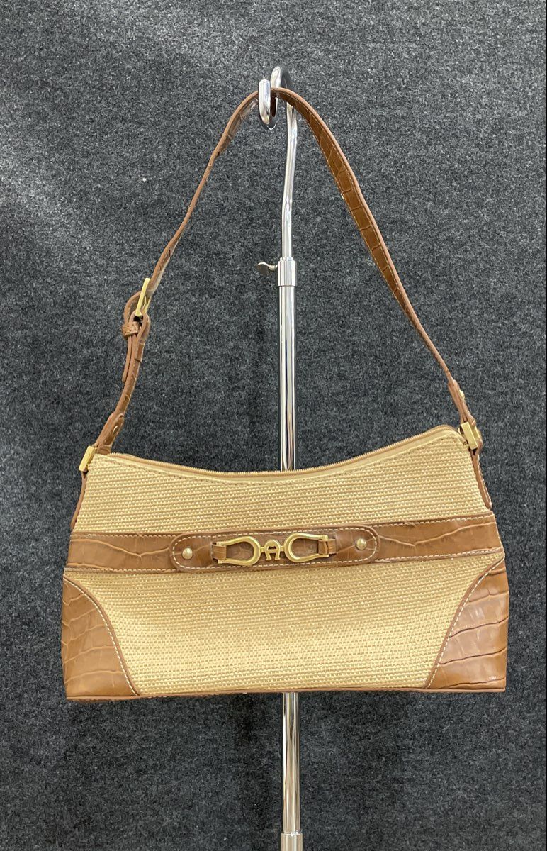 Etienne Aigner Tan Woven Straw Brown Croc Leather Shoulder Bag Small