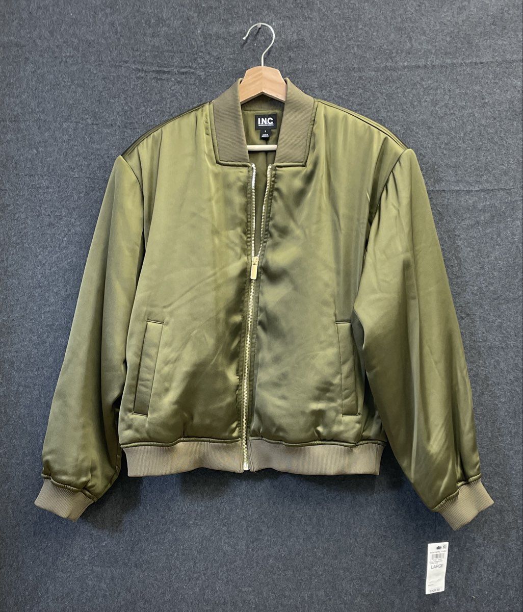 INC International Concepts Women's Olive Green Satin Bomber Jacket NWT Size L