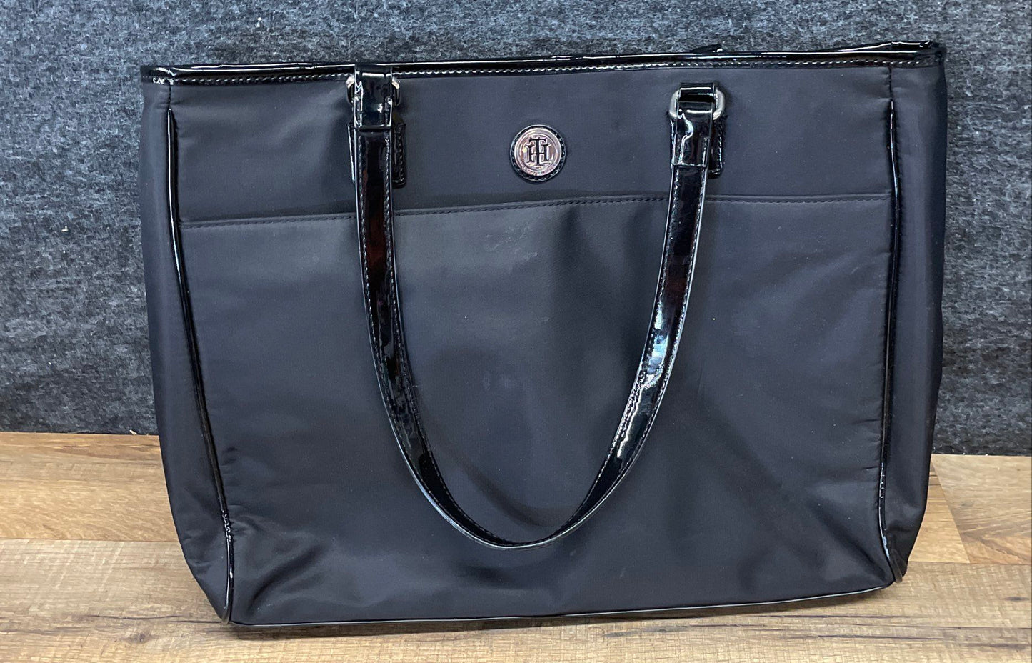 Tommy Hilfiger Black Nylon Tote Bag Patent Trim Silver Hardware