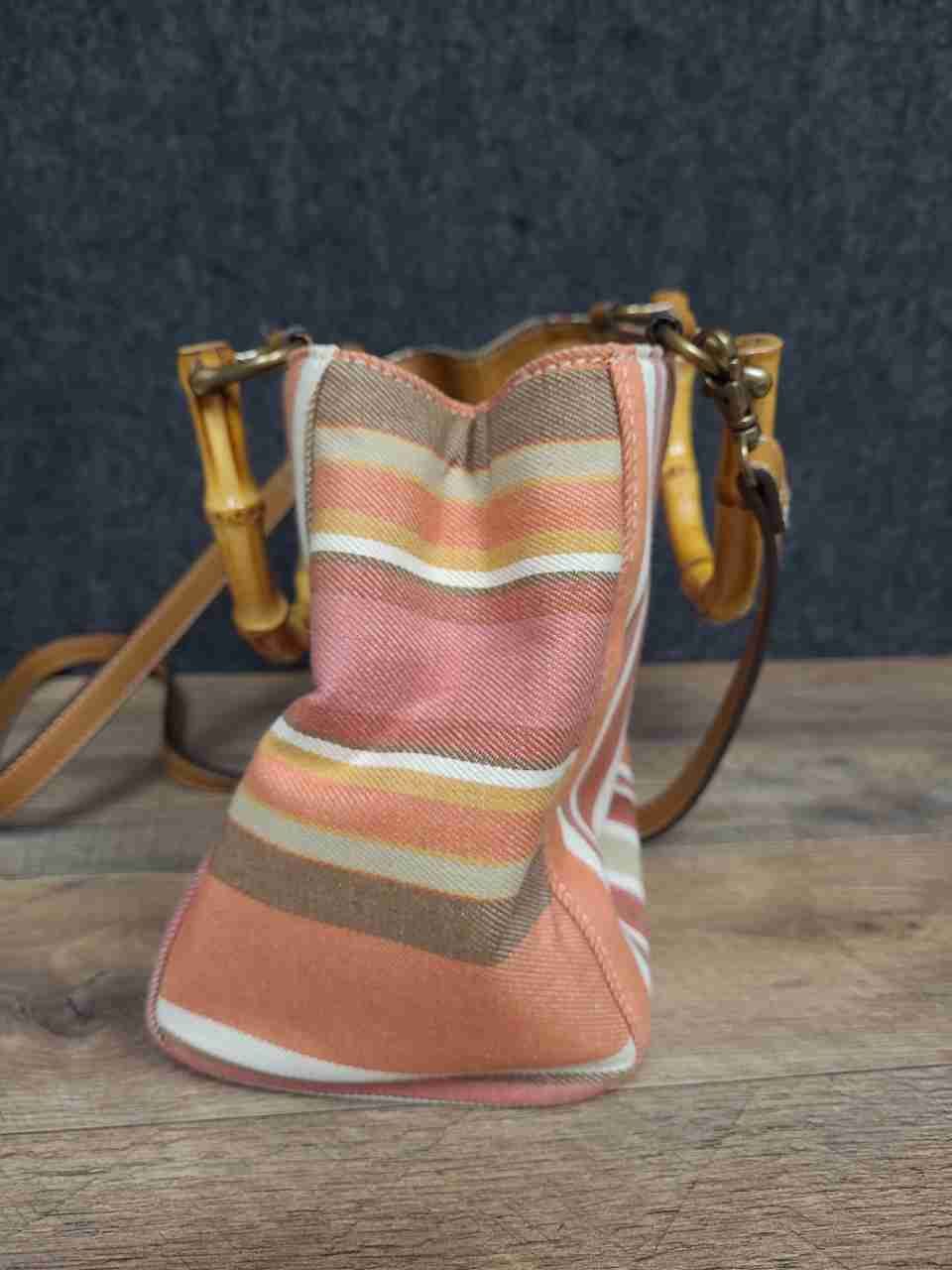 Fossil Striped Canvas Bamboo Handle Satchel Bag Pink Orange Multi-Color