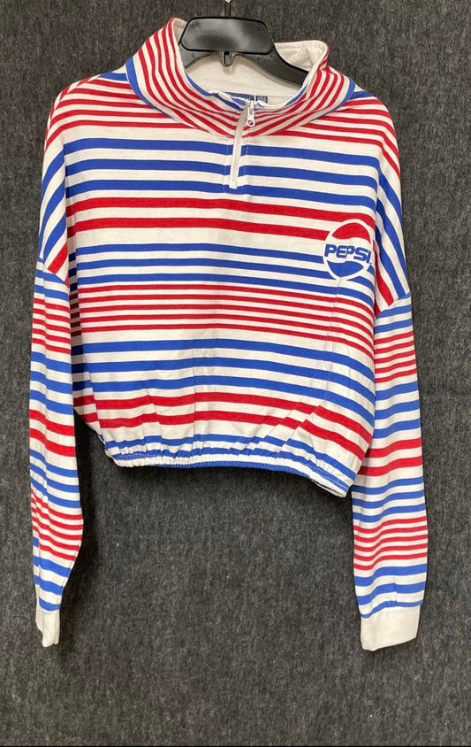 Pepsi Women's Red White Blue Striped 1/4 Zip Cropped Pullover Top Sz L NWT