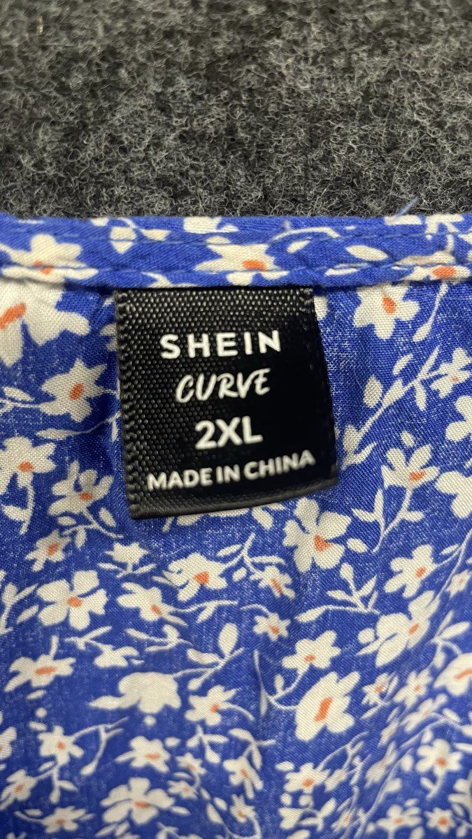 Shein Curve Women's Blue Floral Viscose Smocked Waist V-Neck Dress Sz 2XL
