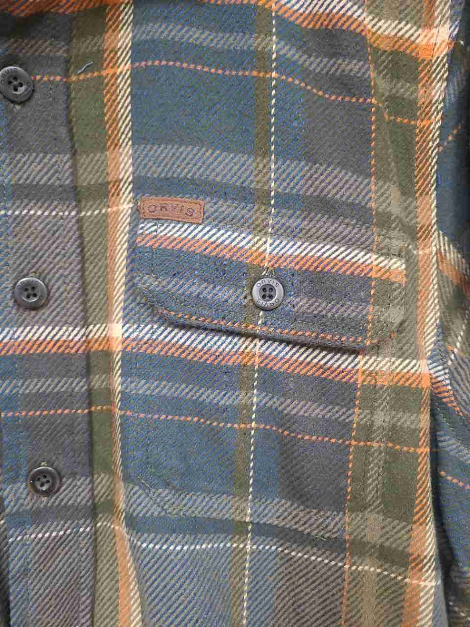 Orvis Men's Flannel Shirt Green Gray Orange Plaid Long Sleeve Heavy Cotton Sz S