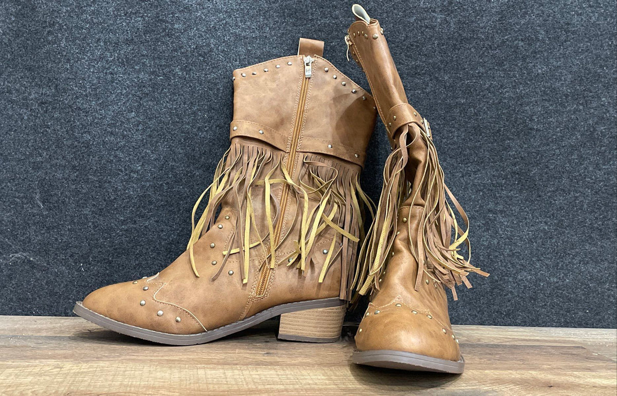 Unbranded Brown Fringed Tassel Studded Mid-Calf Boots Size 39