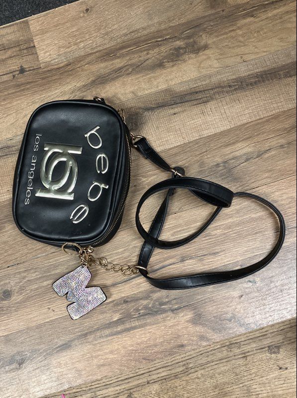 bebe Black Faux Leather Camera Crossbody Bag Gold Logo Rhinestone Charm