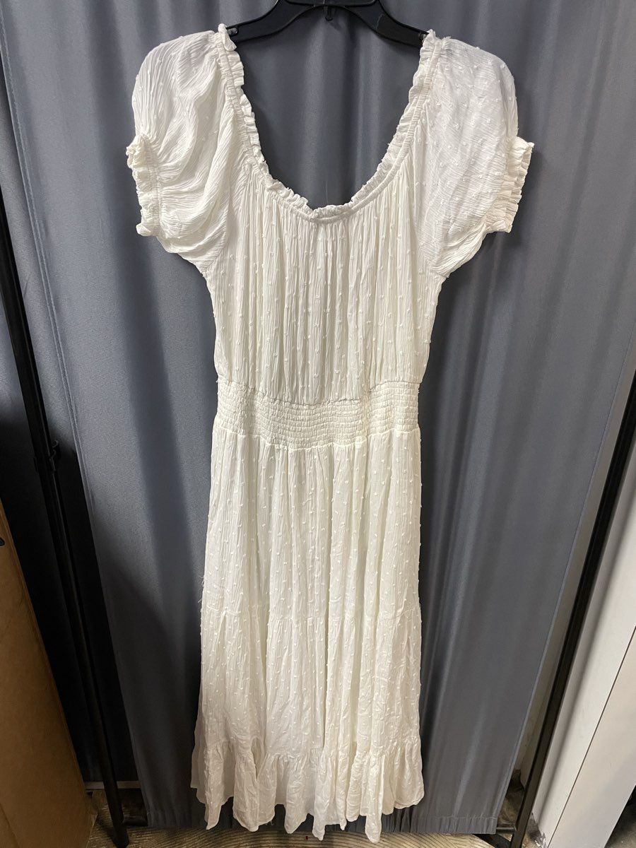 Judith March Women's White Textured Smocked Waist Cap Sleeve Maxi Dress Sz S