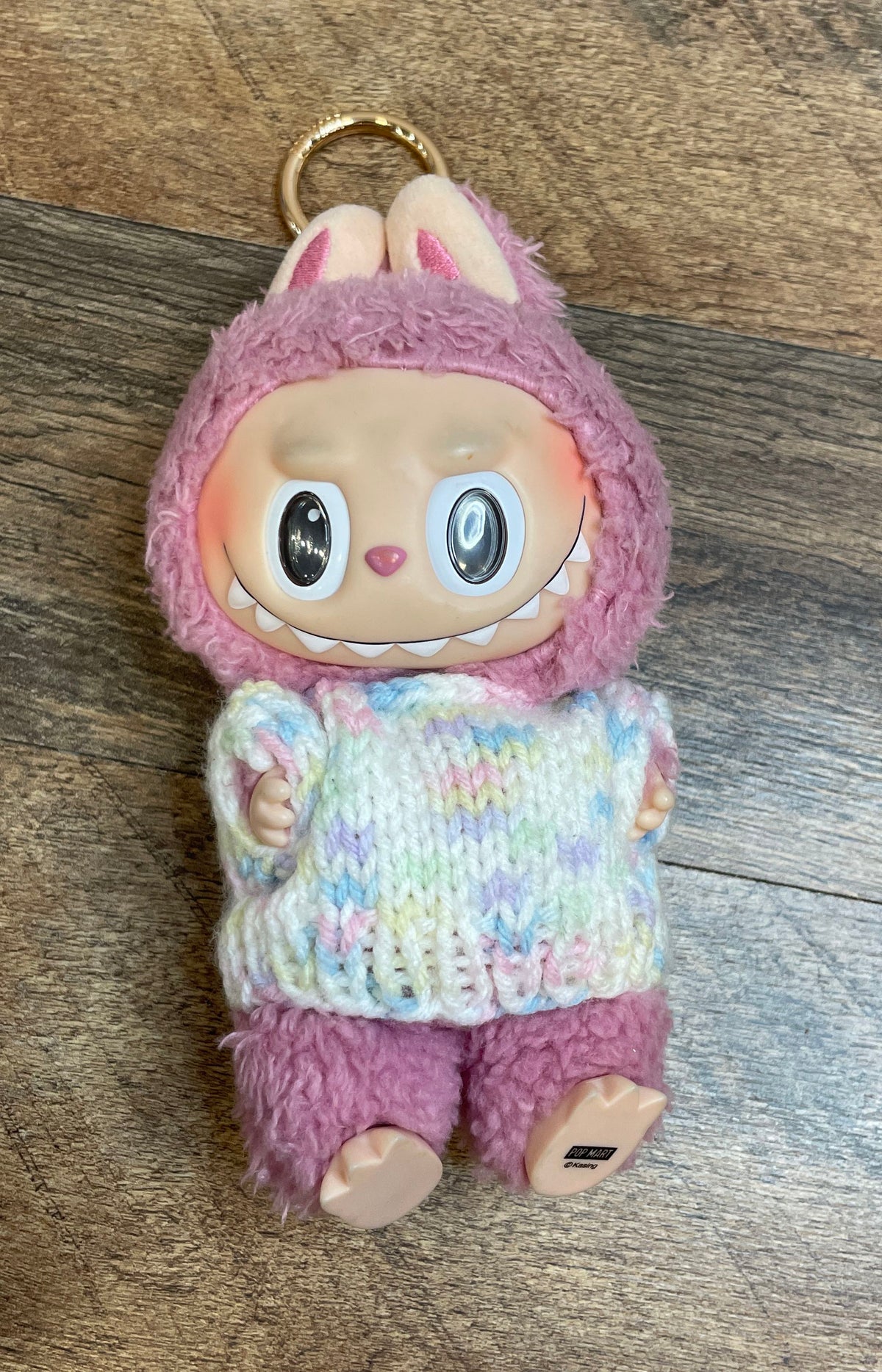Labubu Pop Mart The Monsters Pink Plush Figure Keychain with Sweater Vinyl Face