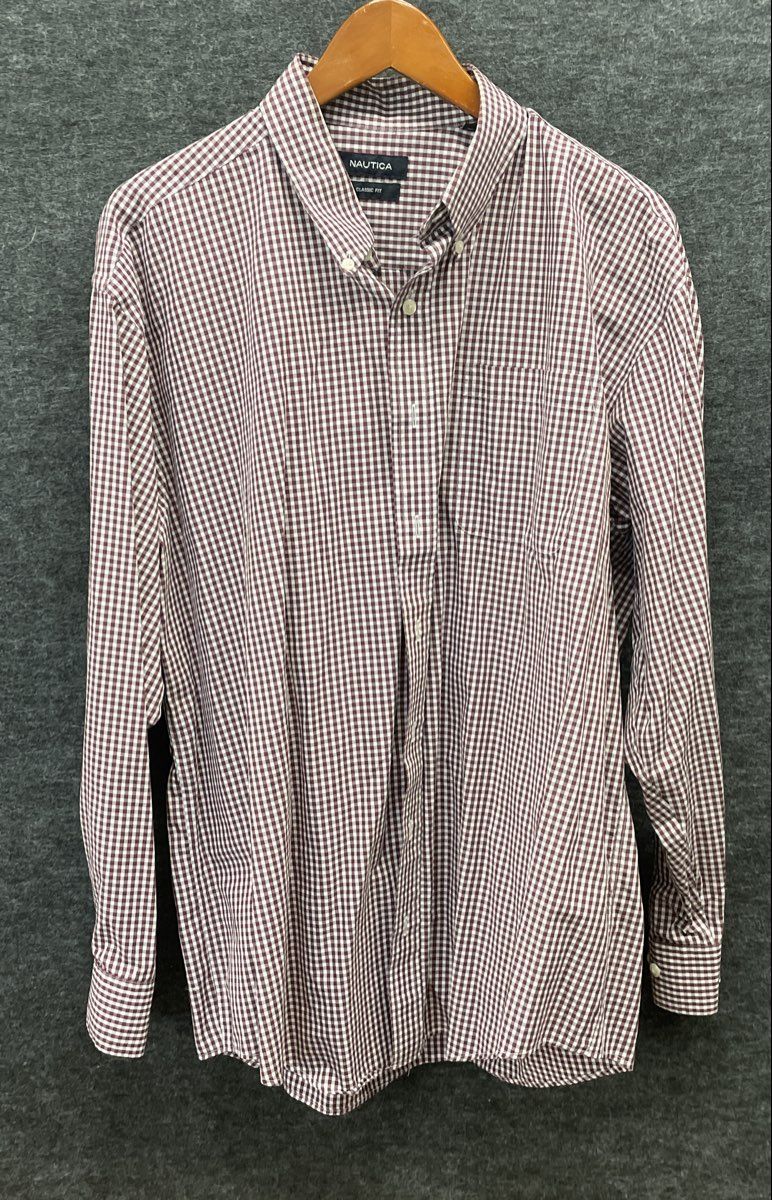 Nautica Men's Burgundy White Gingham Classic Fit Button Down Shirt Sz 17.5 34/35