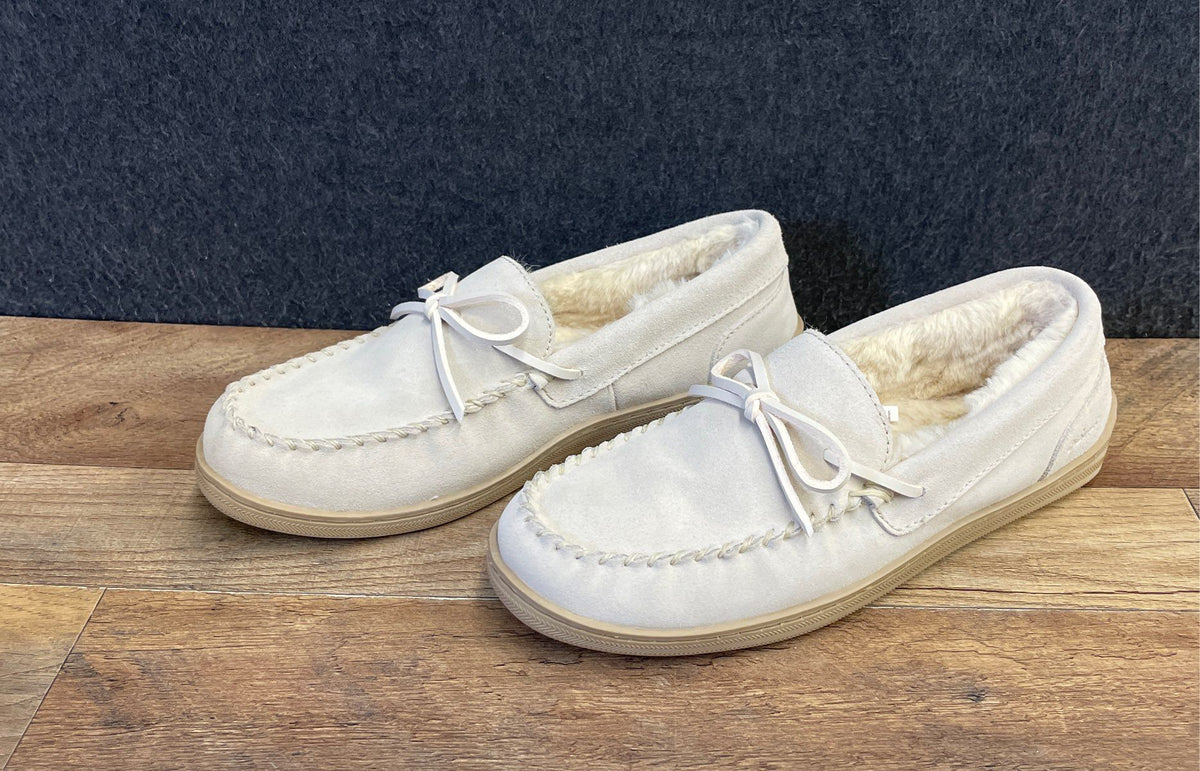 My Slippers Women's Cream Leather Moccasin Faux Fur Lined Size 10