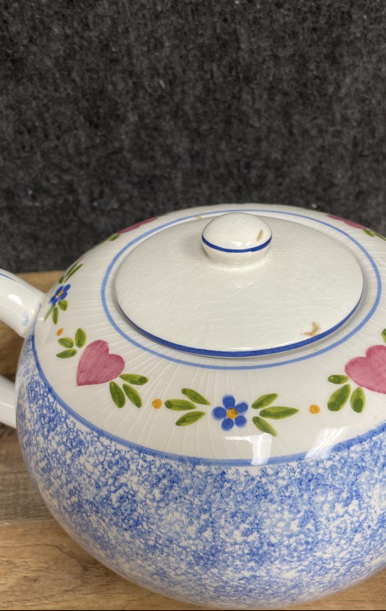 R.B. Bernarda Blue Spongeware Heart Floral Teapot Portugal Vintage Earthenware
