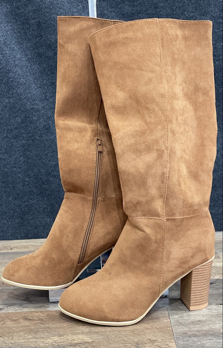 Brown Faux Suede Knee High Block Heel Zip Up Boots Women's Size 11.5