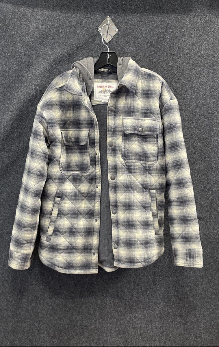 American Eagle Men's Grey Plaid Quilted Hooded Shirt Jacket Sz M