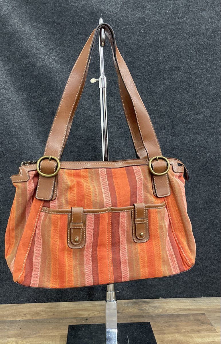 Kim Rogers Orange Striped Canvas Faux Leather Shoulder Bag Brass Hardware