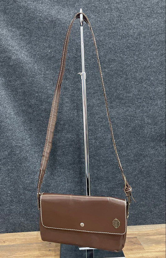 Vintage Brown Leather S Monogram Crossbody Bag White Contrast Stitching