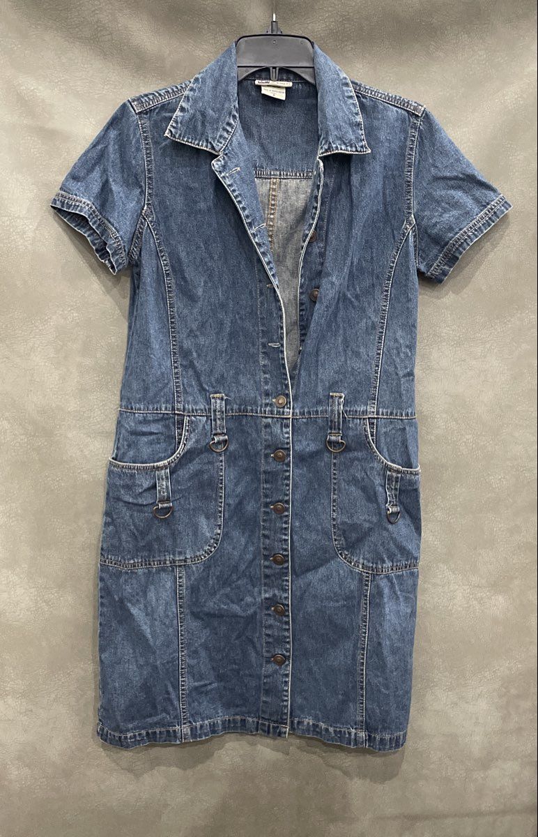 Vintage Y2K Faded Glory Women's Blue Denim Button Front Short Sleeve Dress Sz 8