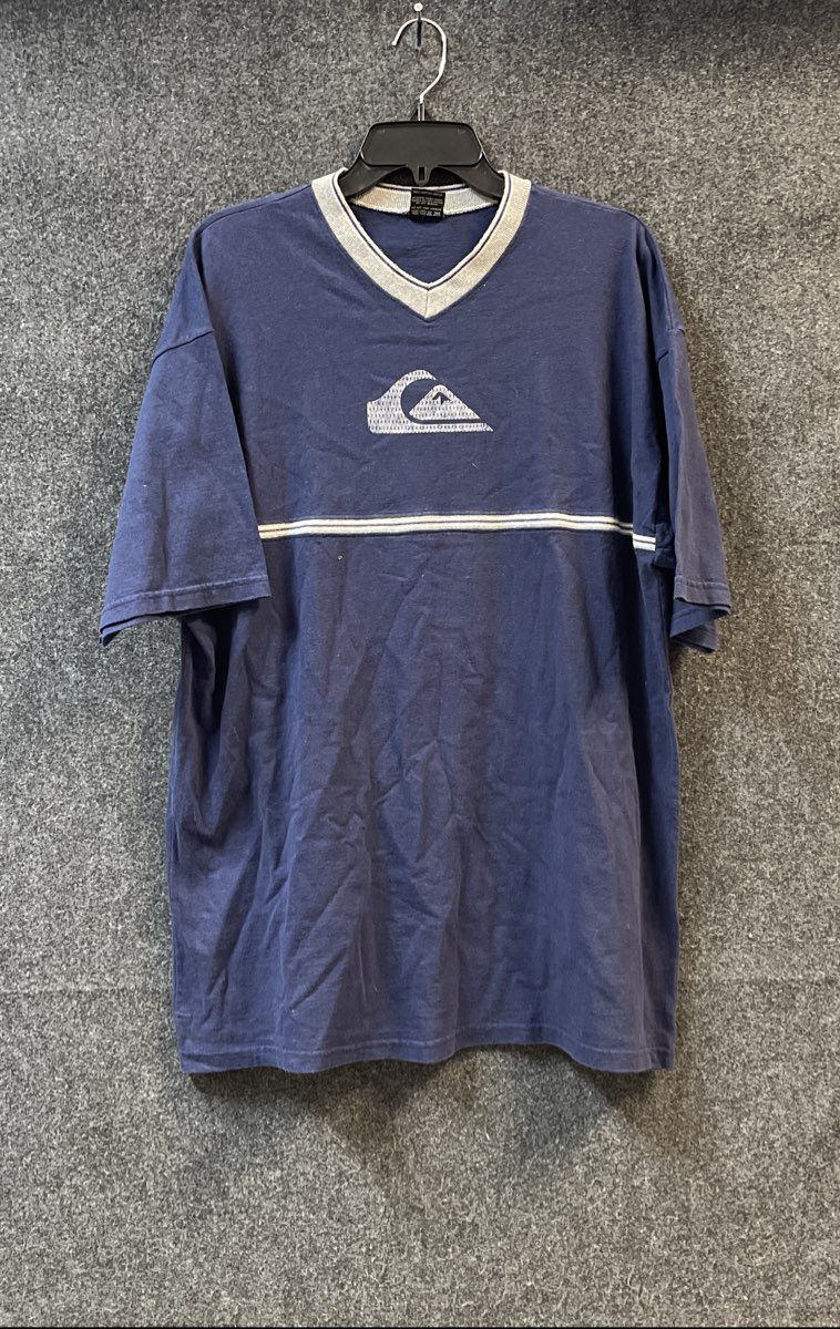 Vintage 90s Quiksilver Men's Navy Blue Logo Stripe V-Neck T-Shirt USA Sz XL