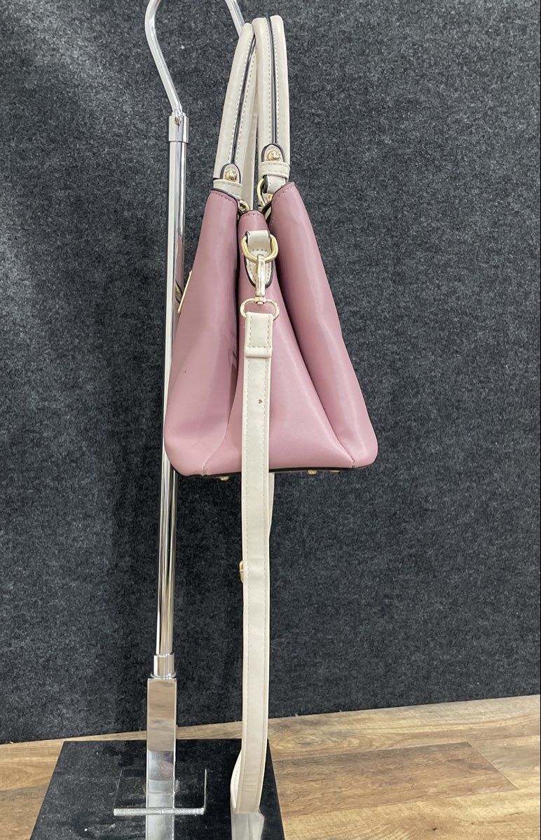 Pink and White Leather Satchel Handbag Crossbody Bag Gold Tone Heart Charm