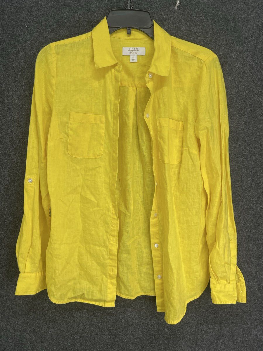 Charter Club Women's Yellow 100% Linen Roll Tab Long Sleeve Shirt Blouse Sz XS