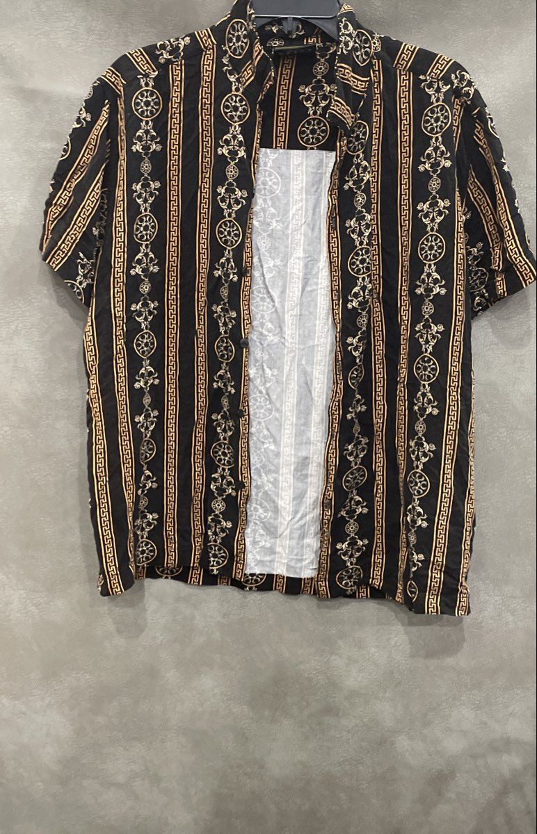 Casa Moda Couture Men's Black Gold Baroque Greek Key Rayon Button Up Shirt Sz M