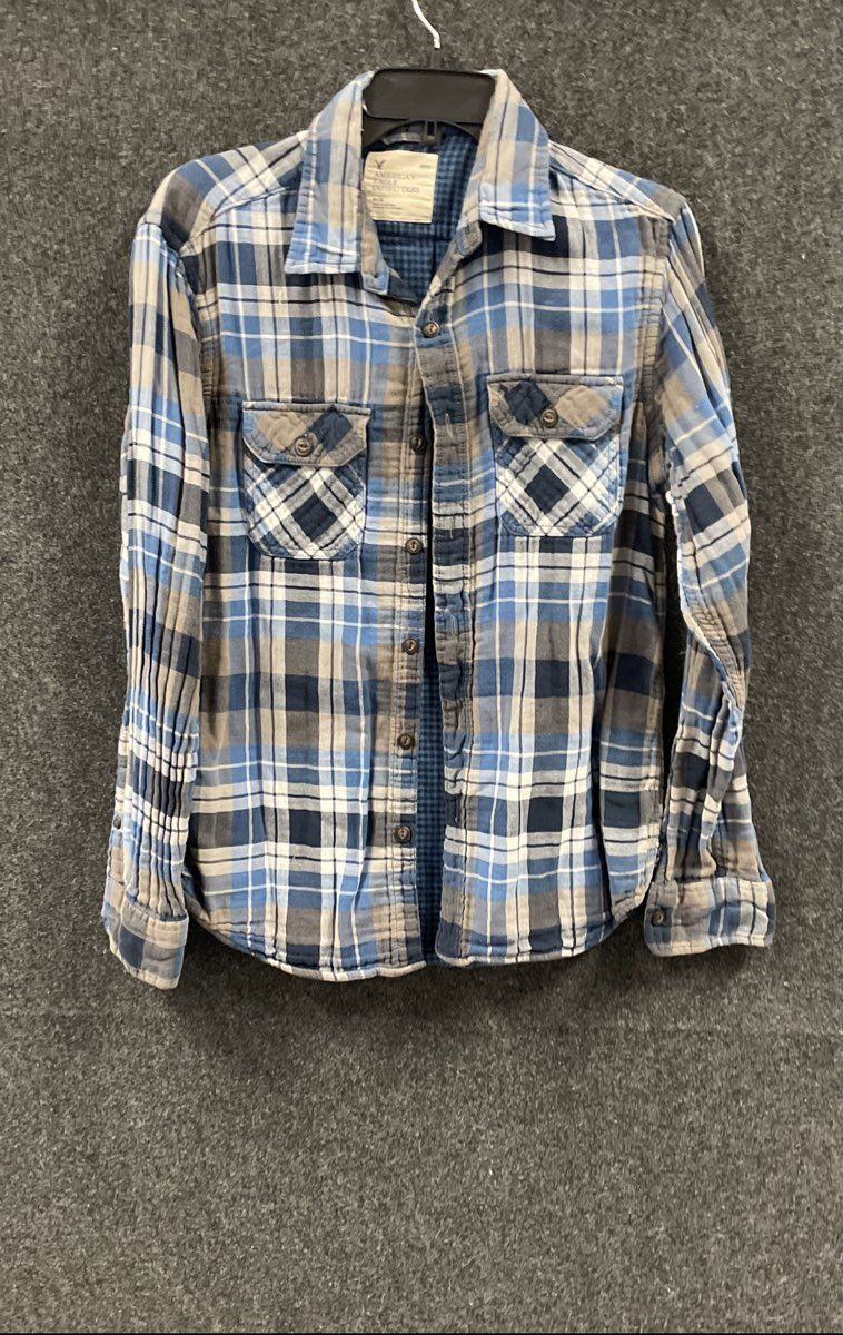 American Eagle Men's Blue Gray Plaid Flannel Shirt Double Pocket Cotton Sz M