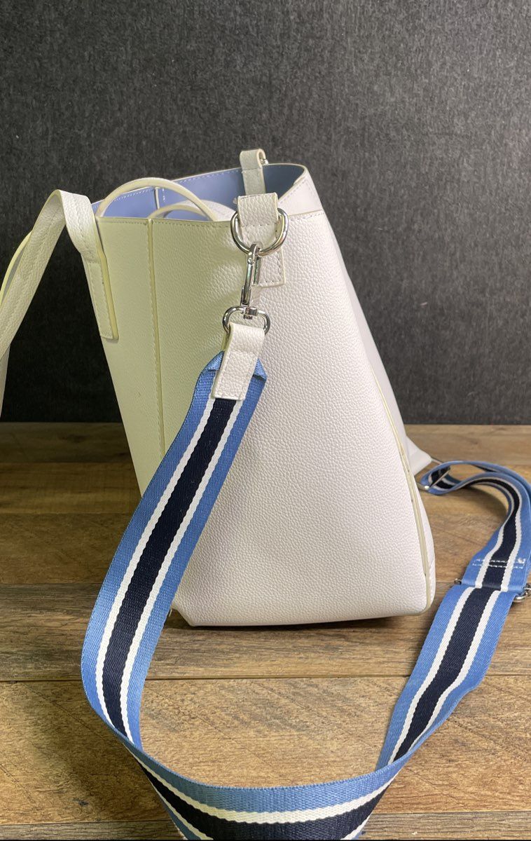 Tommy Bahama White Pebbled Faux Leather Tote Bag Blue Striped Shoulder Strap