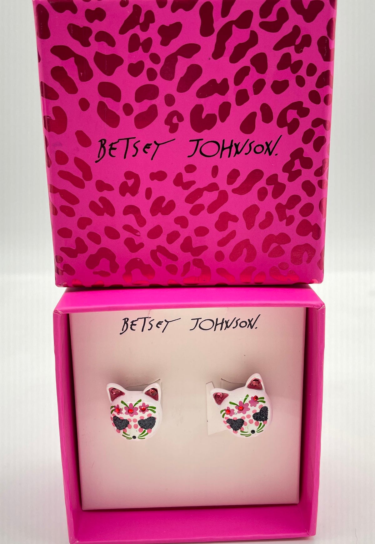 Betsey Johnson Dia De Los Muertos Sugar Skull Cat Stud Earrings In Box 9.7g