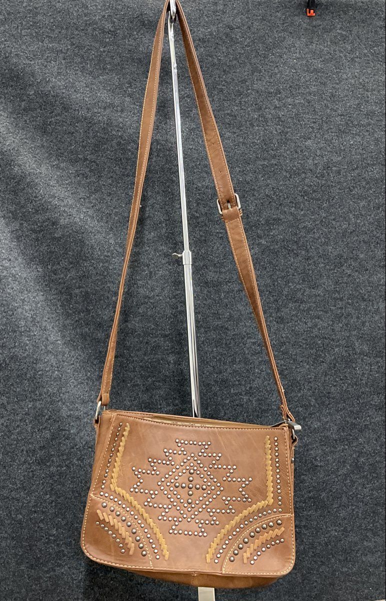 Montana West Brown Leather Studded Southwestern Crossbody Bag Western Style
