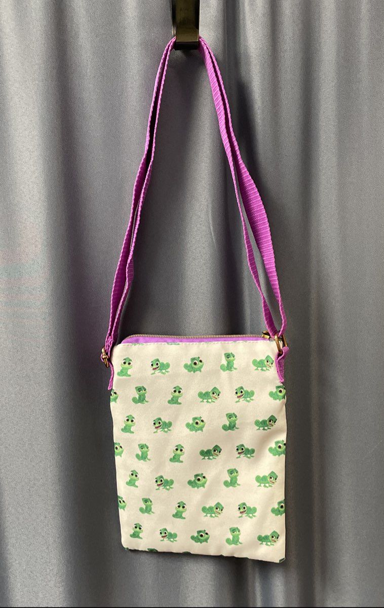 Disney Loungefly Tangled Pascal Passport Crossbody Bag White Purple Canvas