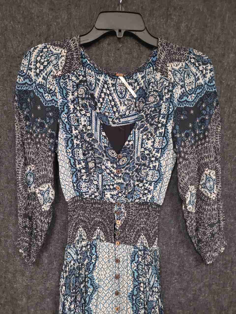 Free People Women's Blue Paisley Smocked Waist Button Front Maxi Dress Sz XS