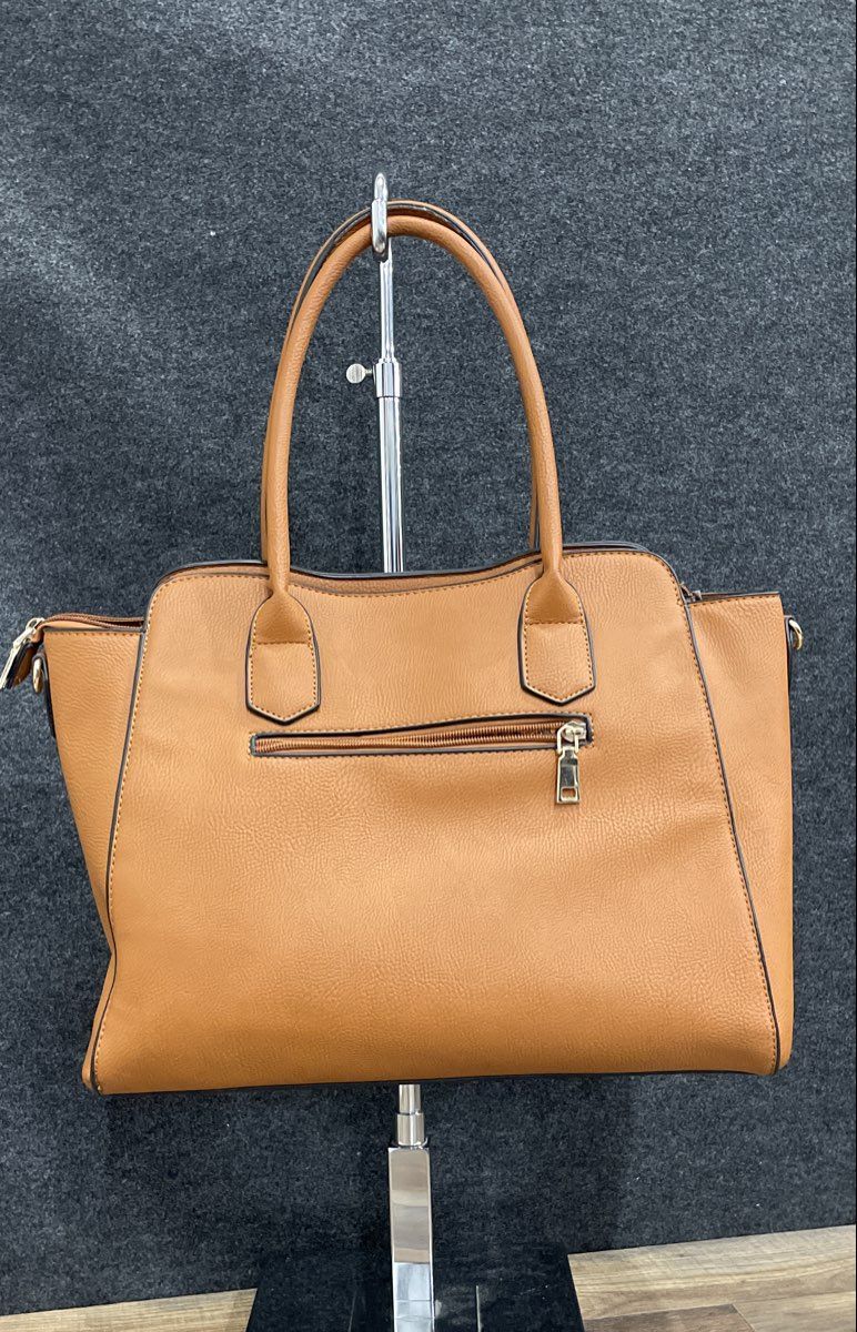 Brown Leather Satchel Tote Handbag Gold Hardware Removable Crossbody Strap