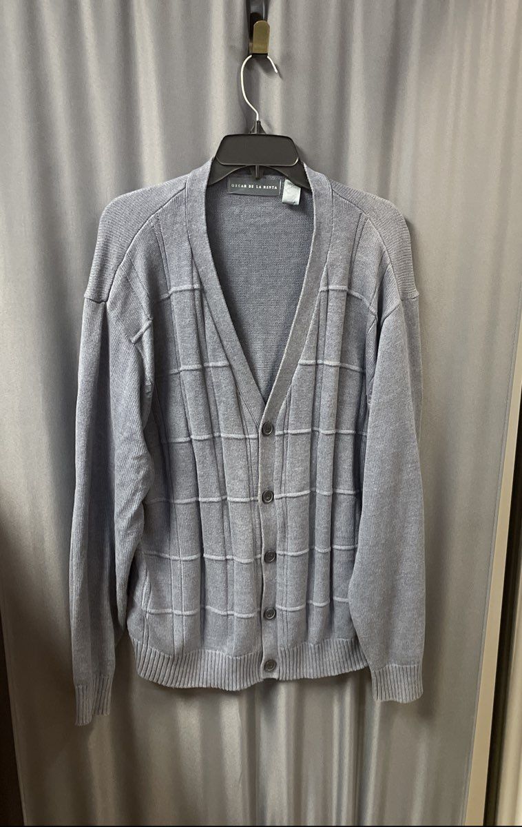 Oscar De La Renta Men's Blue Textured Grid Button Front Cardigan Sweater Sz XXL