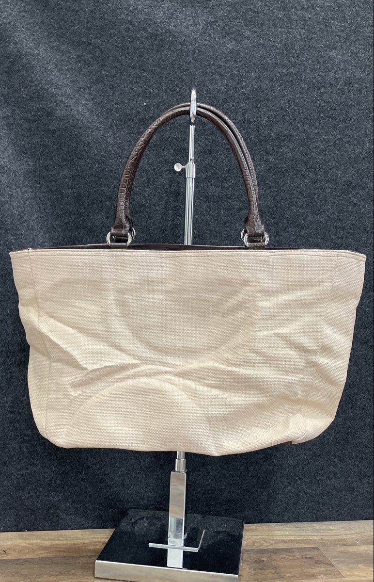 Croft & Barrow Cream Woven Fabric Tote Bag Brown Faux Croc Trim Large