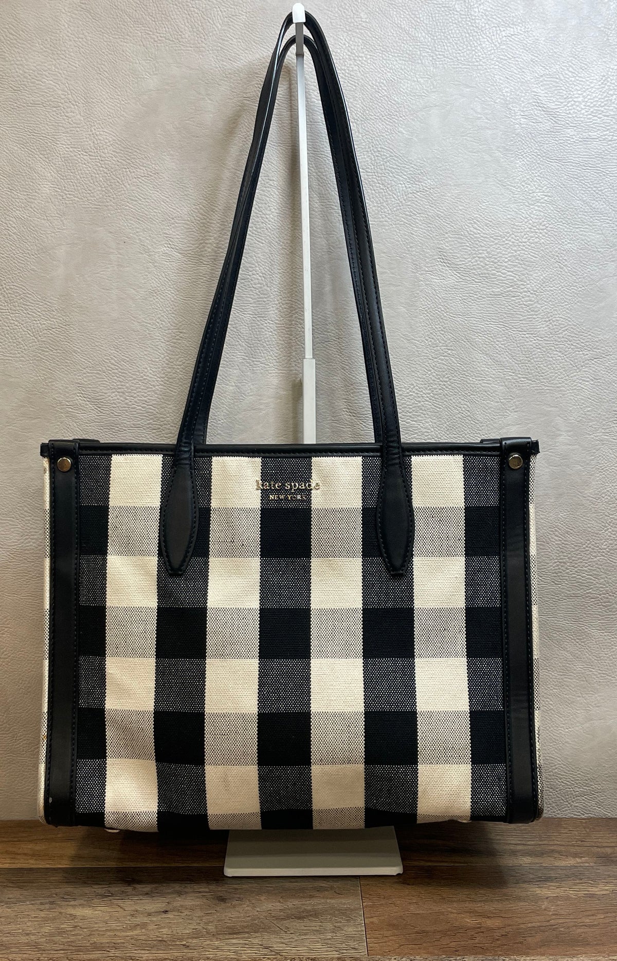 Kate Spade Black White Gingham Canvas Leather Manhattan Tote Bag
