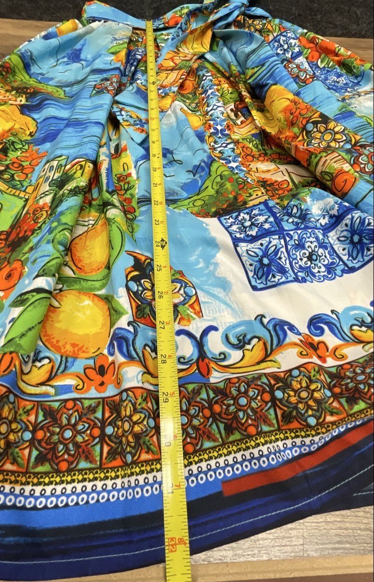 Women's Blue Majolica Mediterranean Lemon Print Pleated Midi Skirt Tie Waist