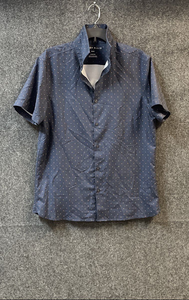 Perry Ellis Men's Blue Short Sleeve Stretch Cross Print Button Down Shirt Sz M