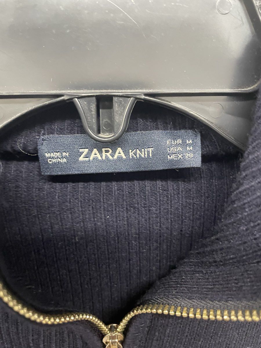 Zara Knit Women's Navy Blue Ribbed Full Zip Mock Neck Sweater Sz M