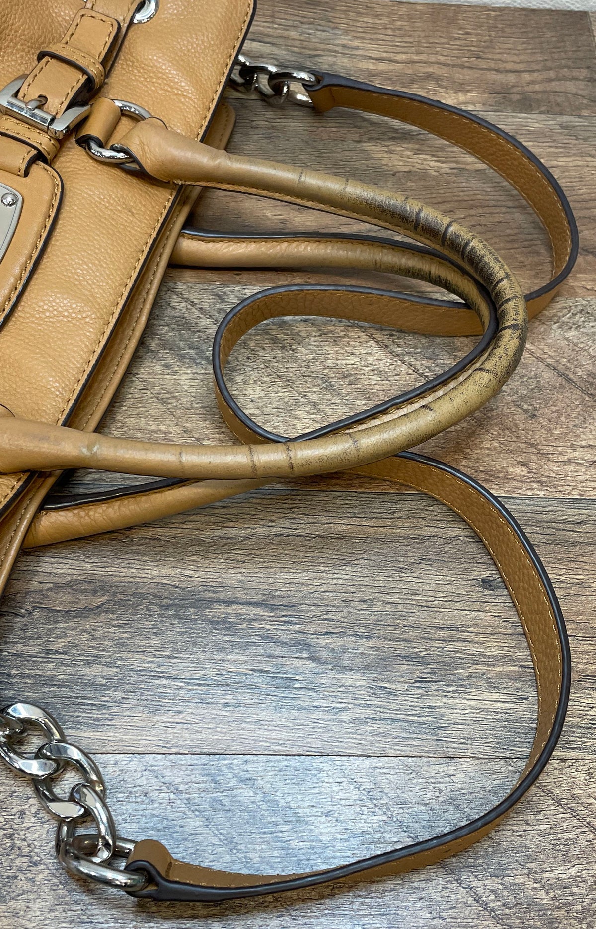 Michael Kors Tan Pebbled Leather Belted Satchel Tote Bag Silver Hardware